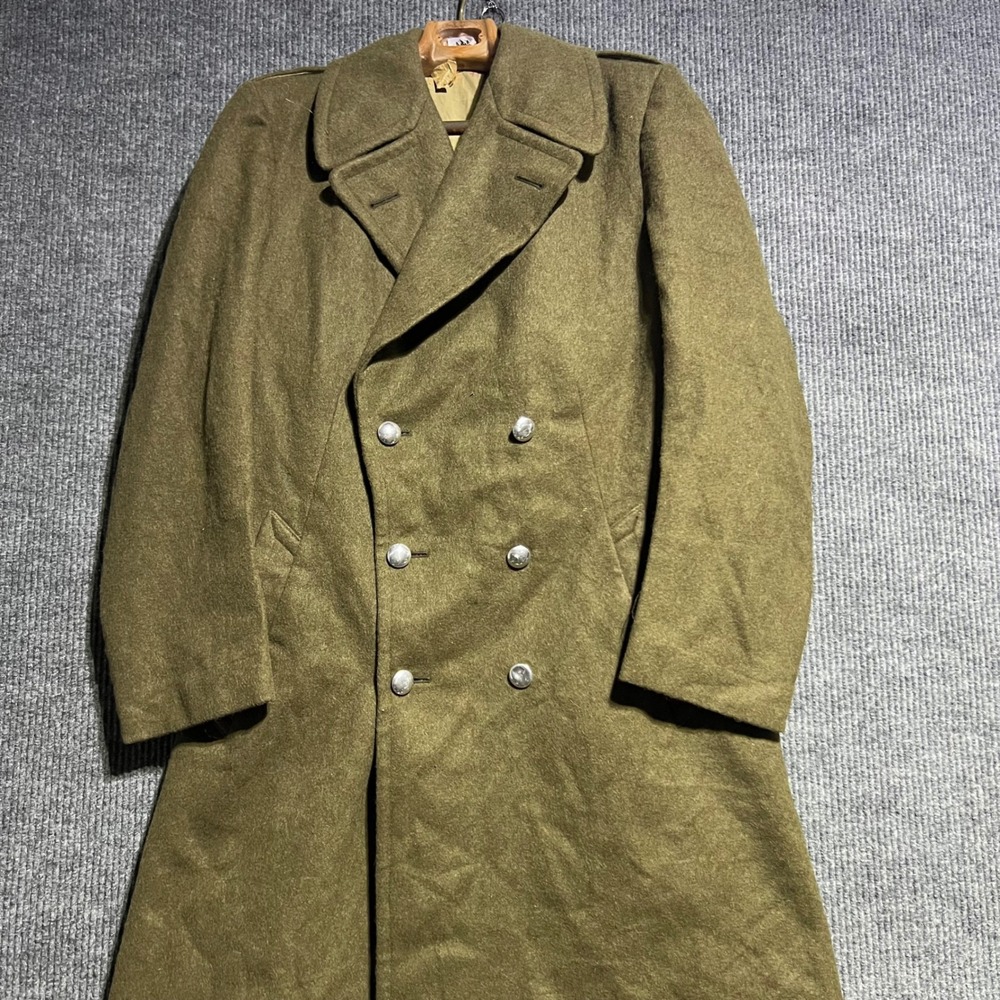 Vintage Military Overcoat Mens 47 Olive Green Wool Double Breasted Trench Coat
